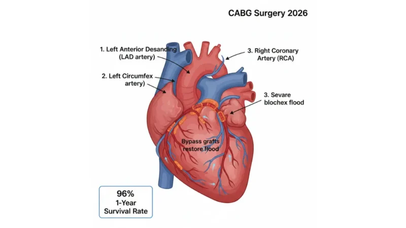CABG coronary artery bypass graft surgery diagram showing blocked arteries and bypass grafts with 96 percent survival rate 2026