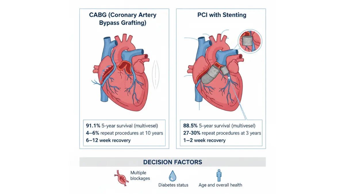 CABG bypass surgery versus stenting PCI comparison showing 5 year survival rates repeat procedures and recovery differences