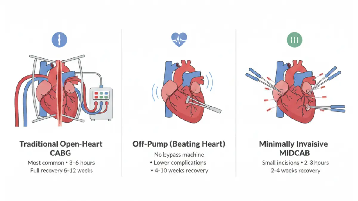 CABG surgery types comparison showing traditional open heart off pump beating heart and minimally invasive MIDCAB techniques