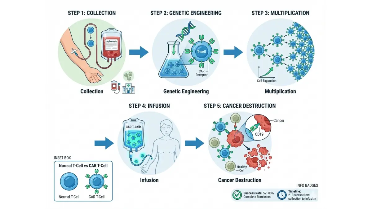 Step by step medical diagram showing Blood Cancer CAR T-cell therapy process from collection genetic engineering multiplication infusion and cancer cell destruction
