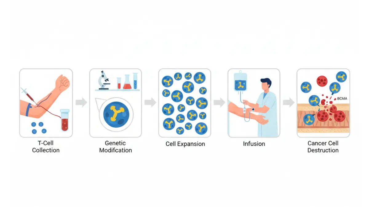 Multiple Myeloma CAR-T cell therapy illustration showing T-cell collection, genetic modification, infusion, and cancer cell destruction