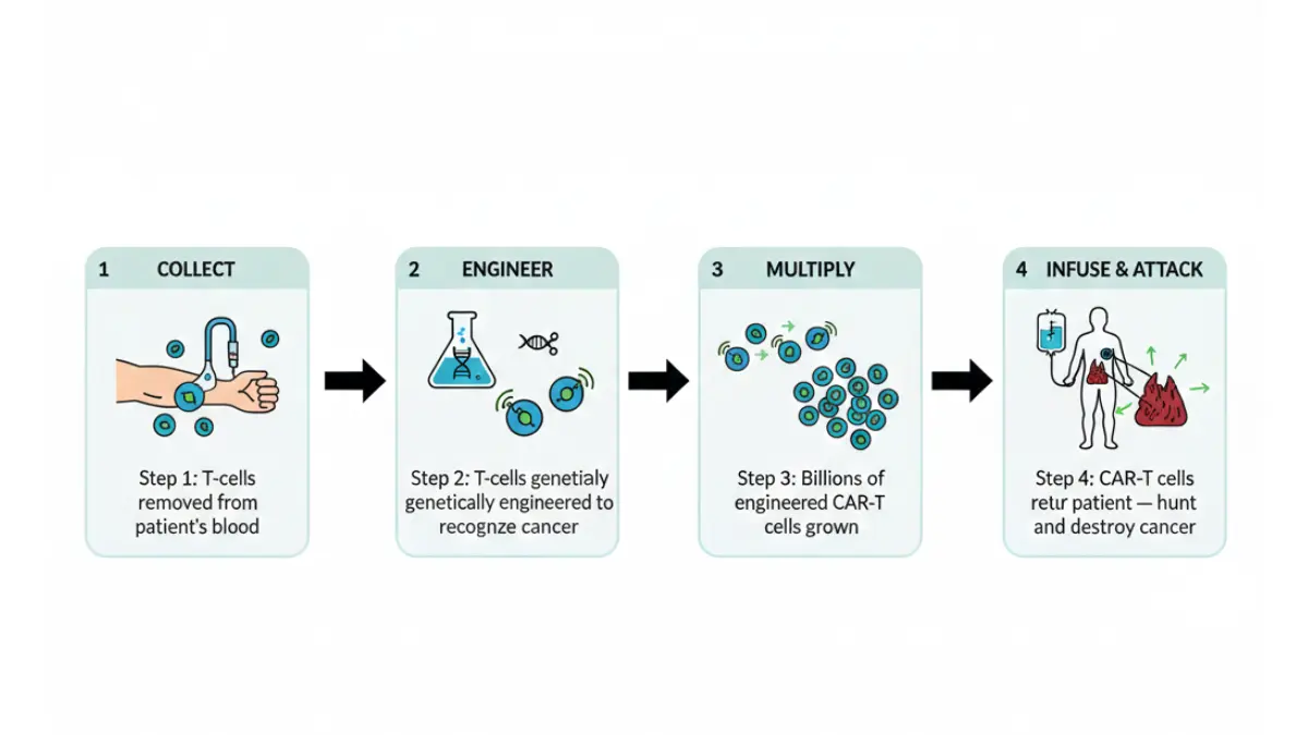 Immunotherapy CAR-T cell therapy process diagram showing collection engineering multiplication and infusion