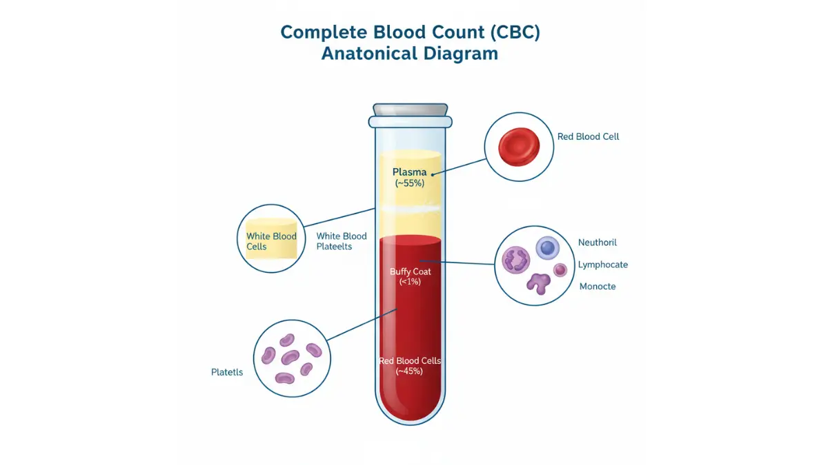 Medical anatomy diagram showing blood components in a test tube with red blood cells white blood cells platelets and plasma layers explaining pathology result