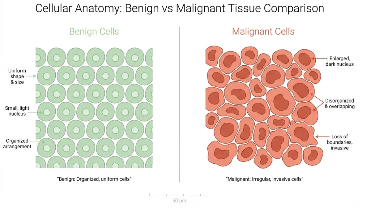 Biopsy Results cellular anatomy comparison showing differences between benign and malignant tissue cells