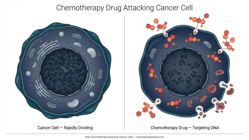 Chemotherapy drug attacking cancer cell DNA mechanism medical diagram showing how Chemotherapy destroys rapidly dividing cancer cells