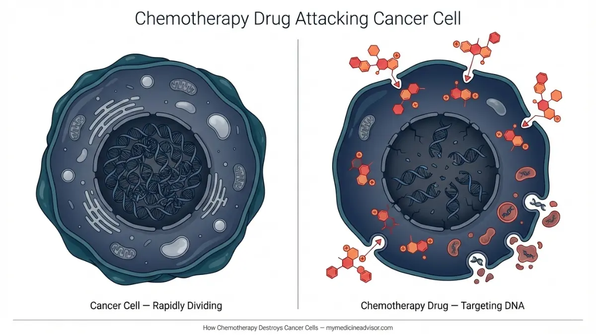 Chemotherapy drug attacking cancer cell DNA mechanism medical diagram showing how Chemotherapy destroys rapidly dividing cancer cells
