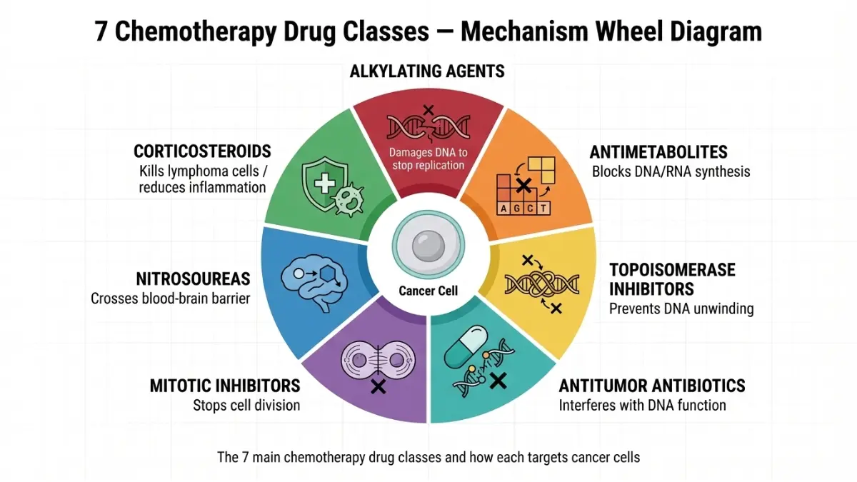 Chemotherapy drug classes wheel diagram showing the 7 main Chemotherapy types and how each targets cancer cells