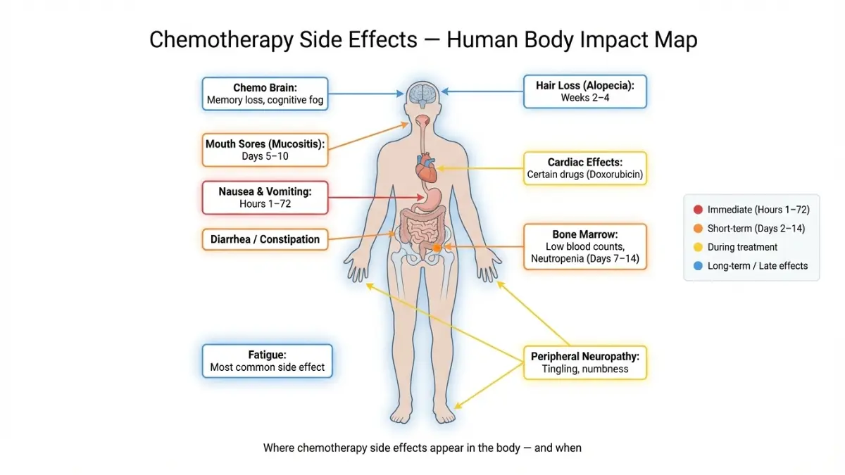 Chemotherapy side effects body map showing where Chemotherapy affects the human body including hair loss nausea neuropathy and fatigue
