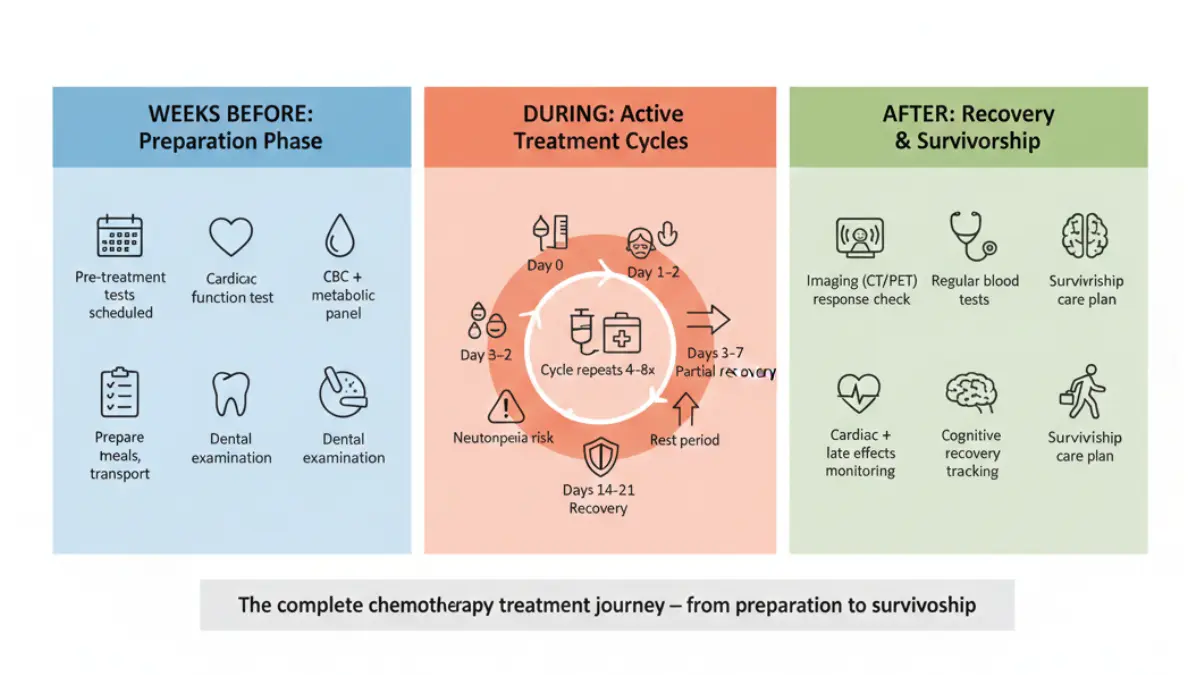Chemotherapy treatment cycle timeline showing preparation active Chemotherapy cycles and recovery phases