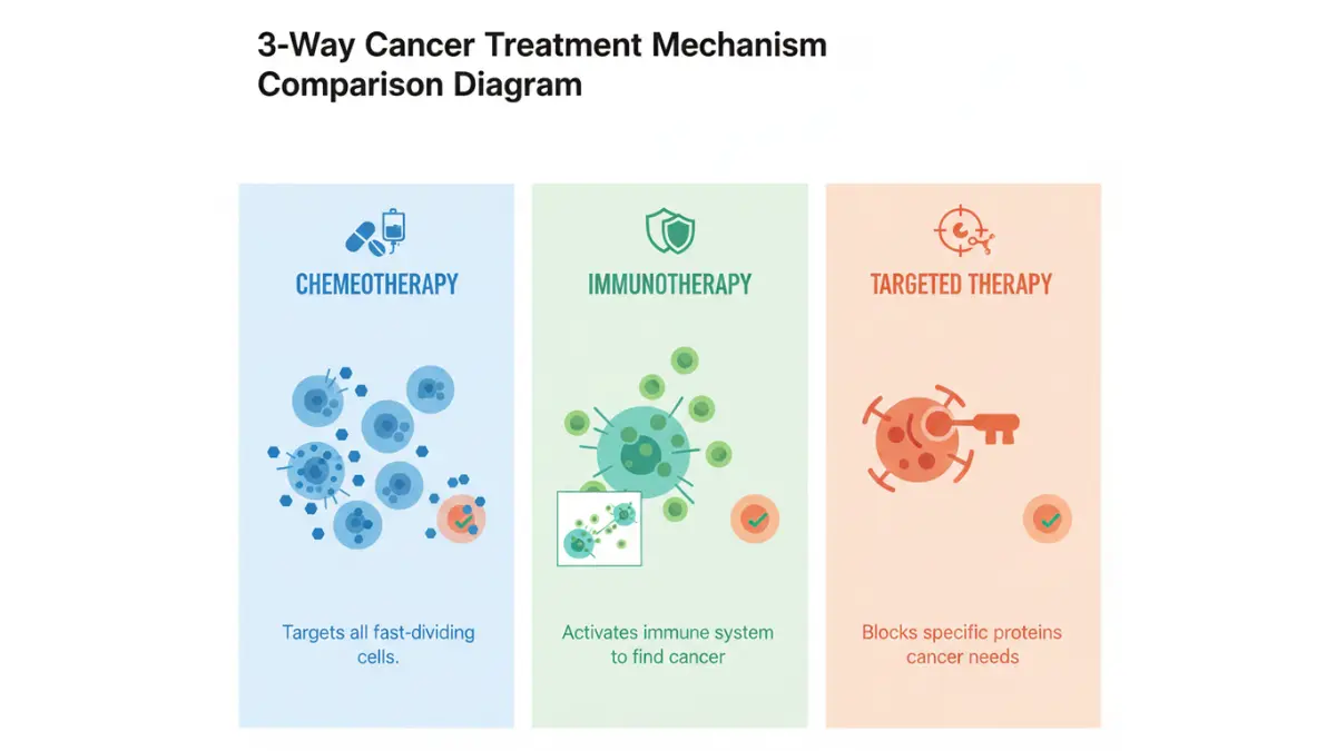 Chemotherapy vs immunotherapy vs targeted therapy mechanism comparison diagram showing how Chemotherapy differs from other cancer treatments