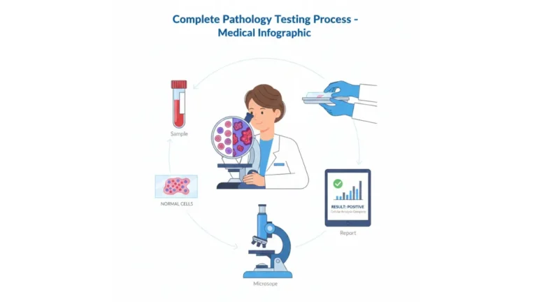 Medical vector illustration explaining pathology result workflow from sample collection to microscope analysis and final laboratory report