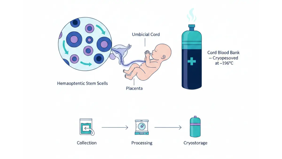 Cord blood banking anatomy diagram showing newborn, umbilical cord, placenta, hematopoietic stem cells, and cryogenic storage process