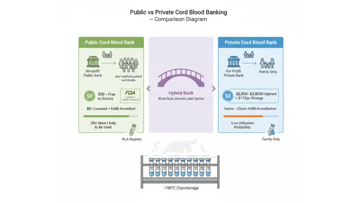 Cord blood banking public vs private comparison showing costs, usage likelihood, accreditation, and storage differences