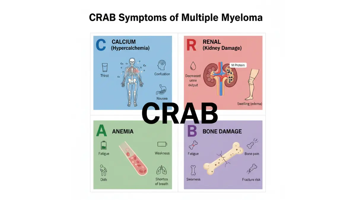Multiple Myeloma CRAB symptoms diagram showing calcium elevation, renal impairment, anemia, and bone lesions