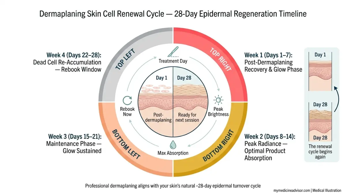 Dermaplaning medical diagram showing 28 day skin cell renewal cycle and optimal Dermaplaning rebooking timeline with epidermal cross section