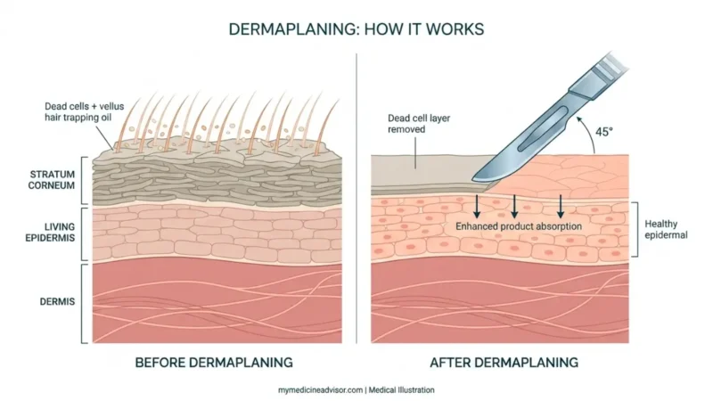 Dermaplaning medical anatomy diagram showing skin layers before and after Dermaplaning with scalpel removing stratum corneum and vellus hair