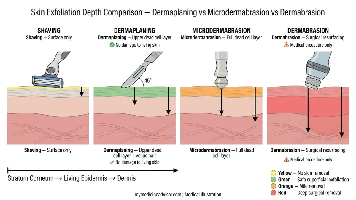Dermaplaning depth comparison medical diagram showing exfoliation depth of shaving Dermaplaning microdermabrasion and dermabrasion across skin layers