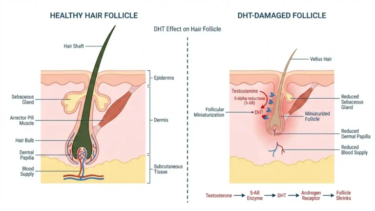 DHT Blocker diagram showing healthy vs DHT-damaged hair follicle and follicular miniaturization anatomy