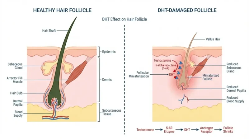 DHT Blocker diagram showing healthy vs DHT-damaged hair follicle and follicular miniaturization anatomy