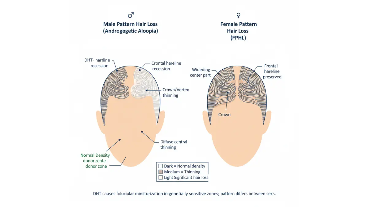 DHT Blocker illustration showing male and female pattern hair loss differences Norwood and Ludwig scales