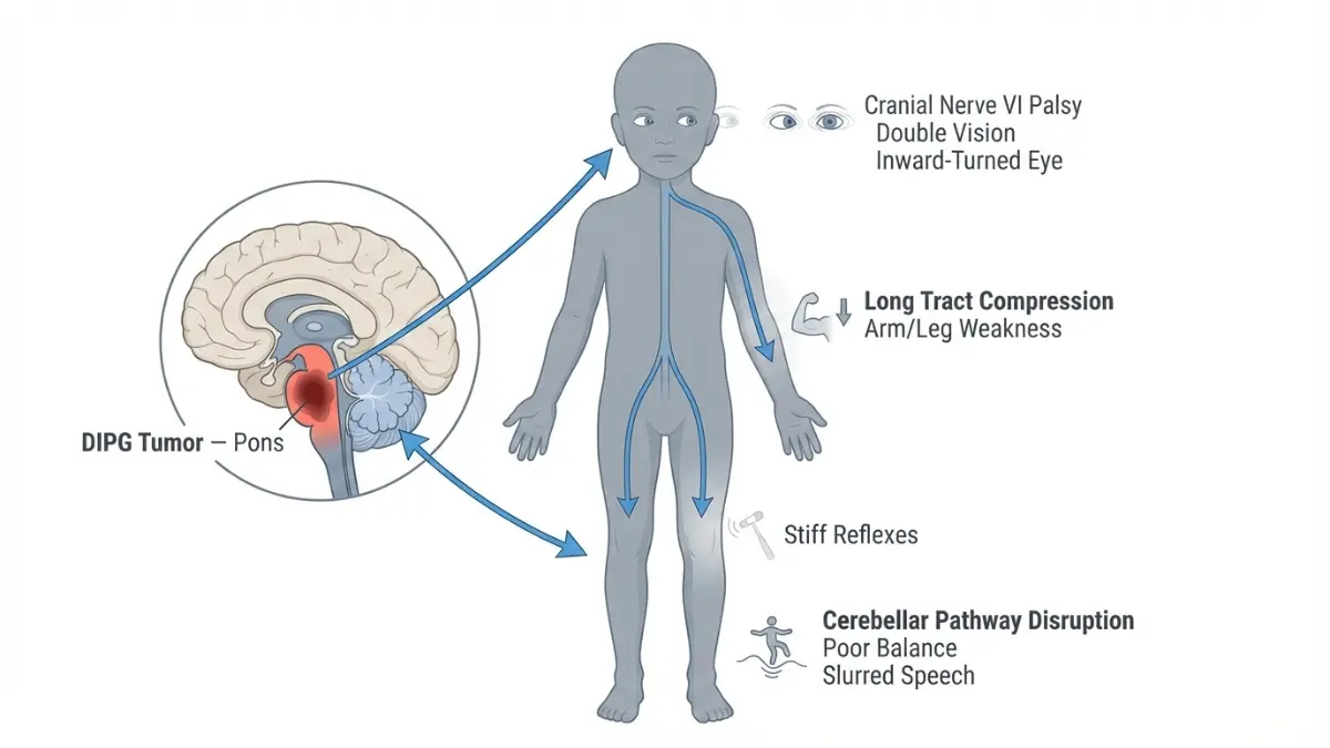 Anatomy diagram showing how DIPG tumor in the pons causes the classic triad of eye movement problems, limb weakness, and balance dysfunction in children