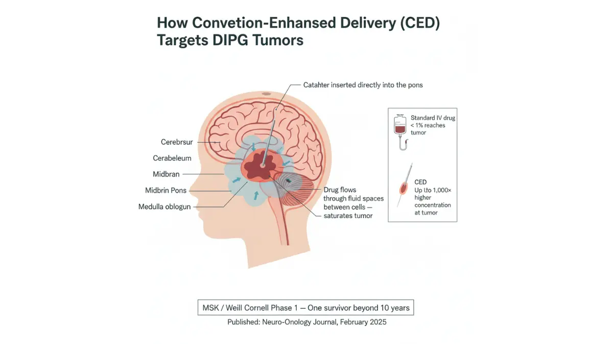 Medical anatomy diagram showing convection-enhanced delivery catheter placed in the pons to treat DIPG tumor with high concentration targeted therapy