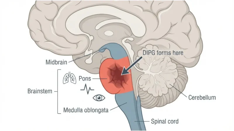 Medical anatomy diagram showing DIPG tumor location in the pons region of the brainstem with surrounding structures labeled