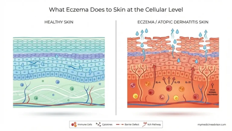 Eczema Treatment diagram showing healthy skin barrier vs atopic dermatitis skin cross-section with inflammation and moisture loss