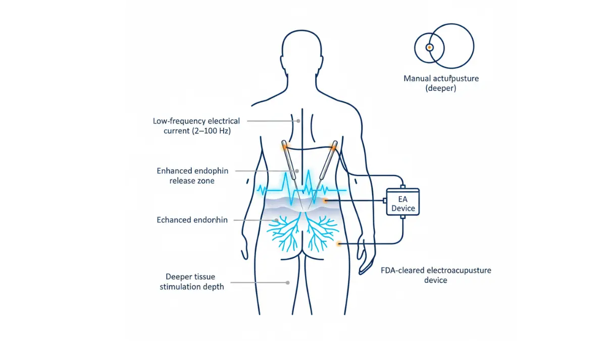 Medical anatomy diagram of electroacupuncture showing electrical stimulation between needles for deeper tissue activation