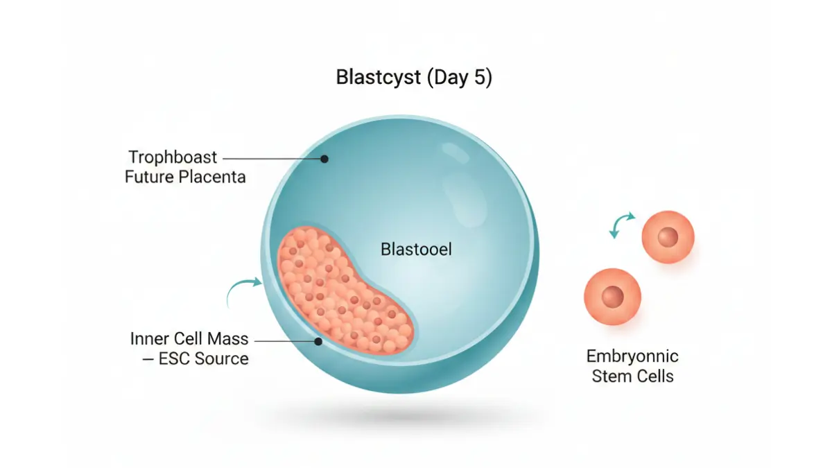 Embryonic Stem Cell extraction diagram showing inner cell mass of human blastocyst Day 5