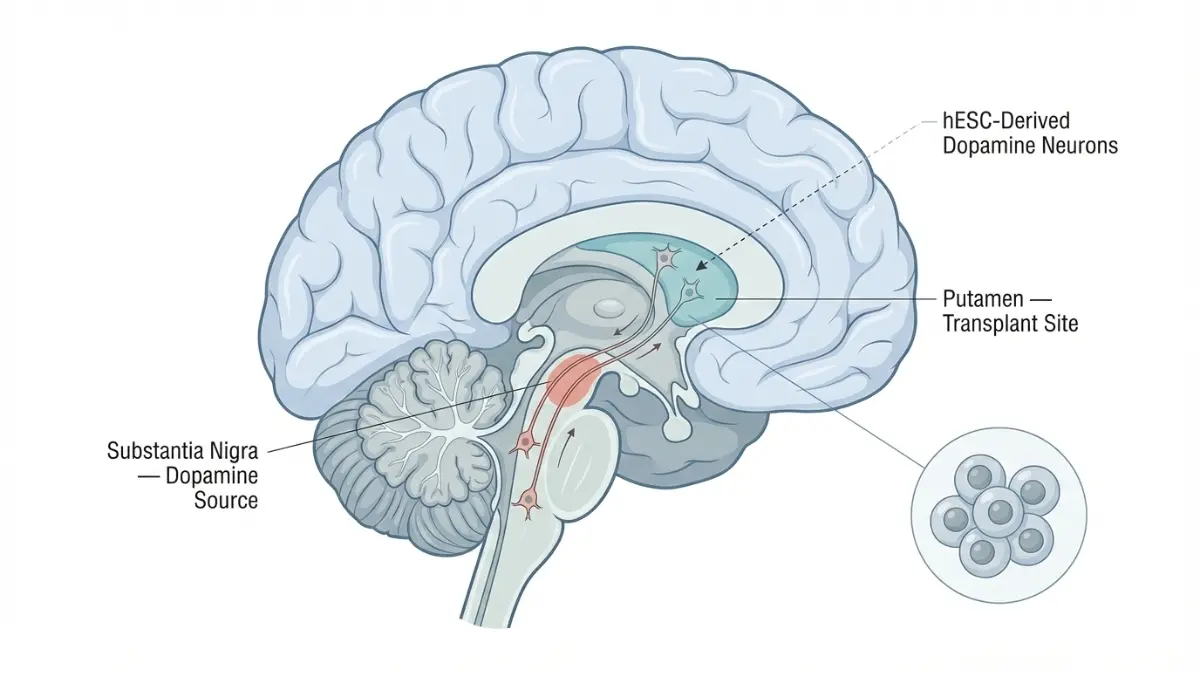 Embryonic Stem Cell dopamine neuron transplant diagram targeting putamen in Parkinson disease therapy