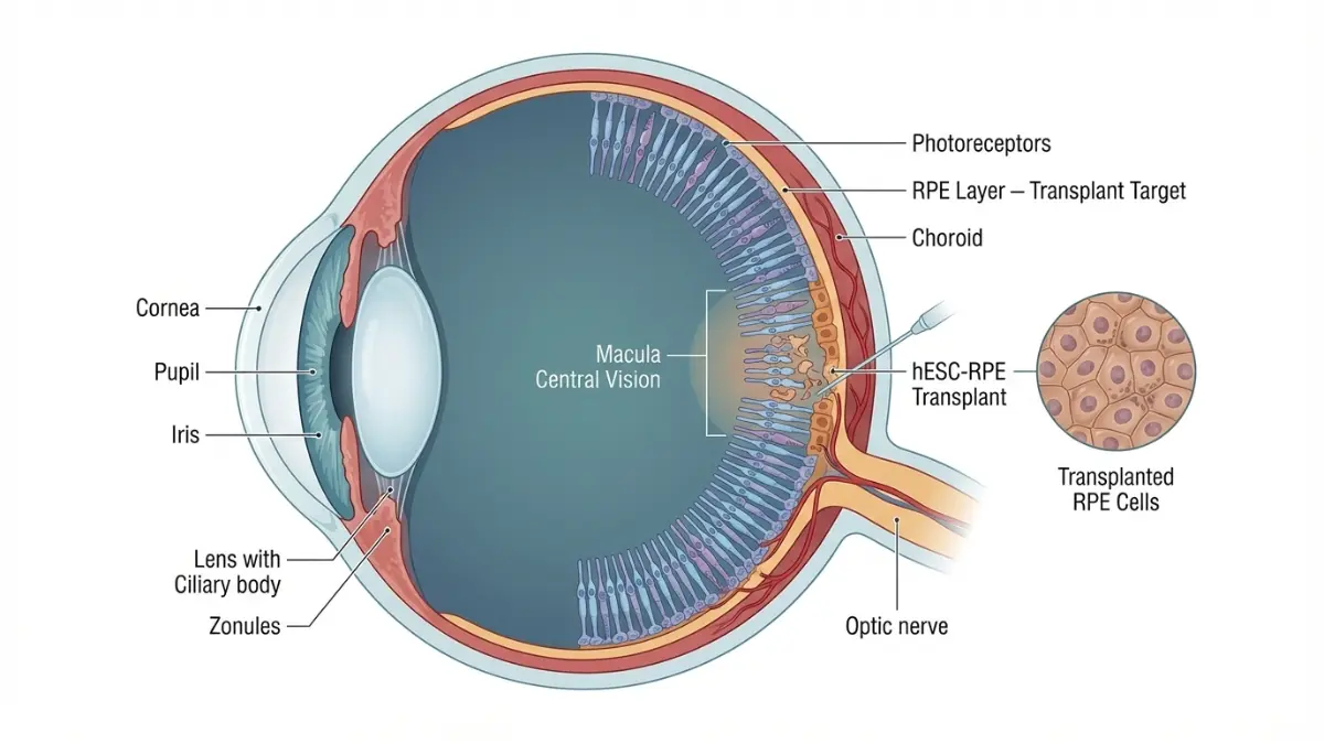 Embryonic Stem Cell retinal pigment epithelium transplant diagram for macular degeneration treatment