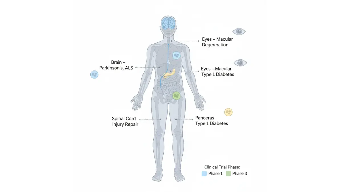 Embryonic Stem Cell therapy target organs diagram showing brain eyes spinal cord pancreas and heart