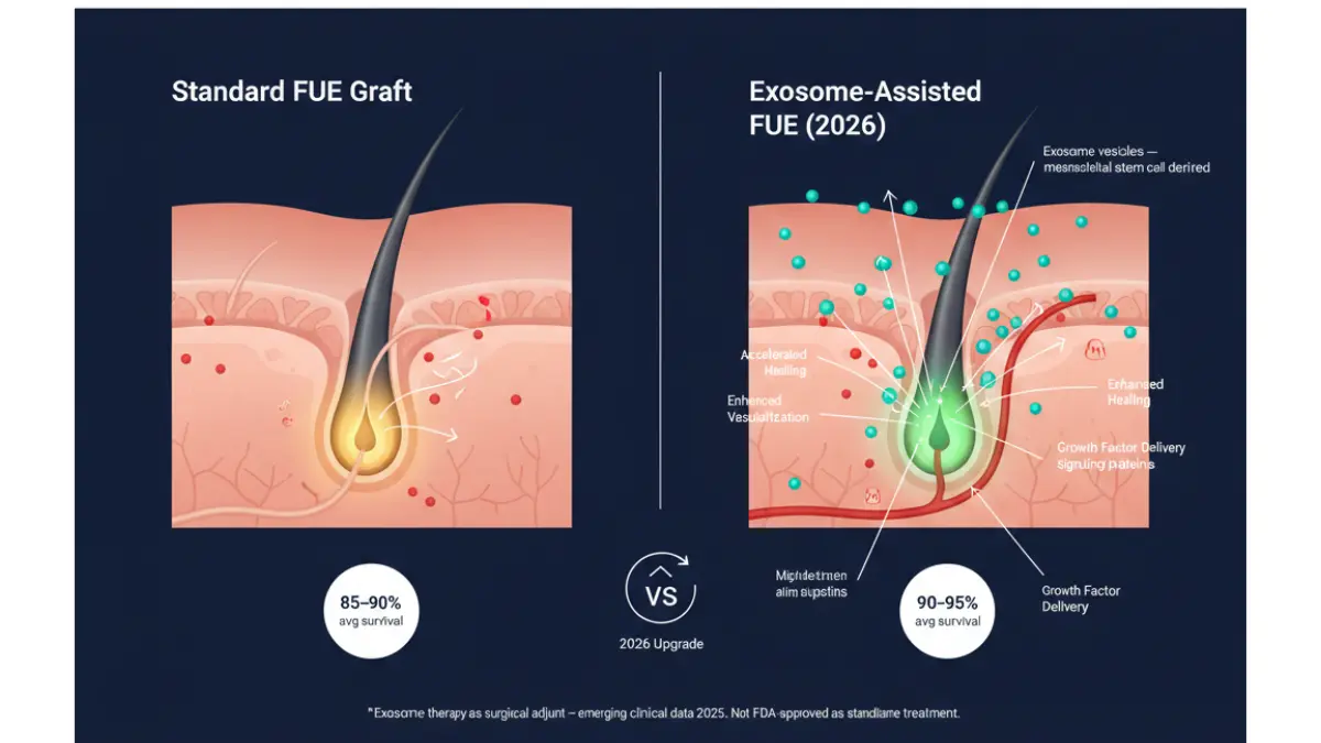 Exosome assisted graft survival comparison vs standard FUE in Hair growth surgery cellular diagram