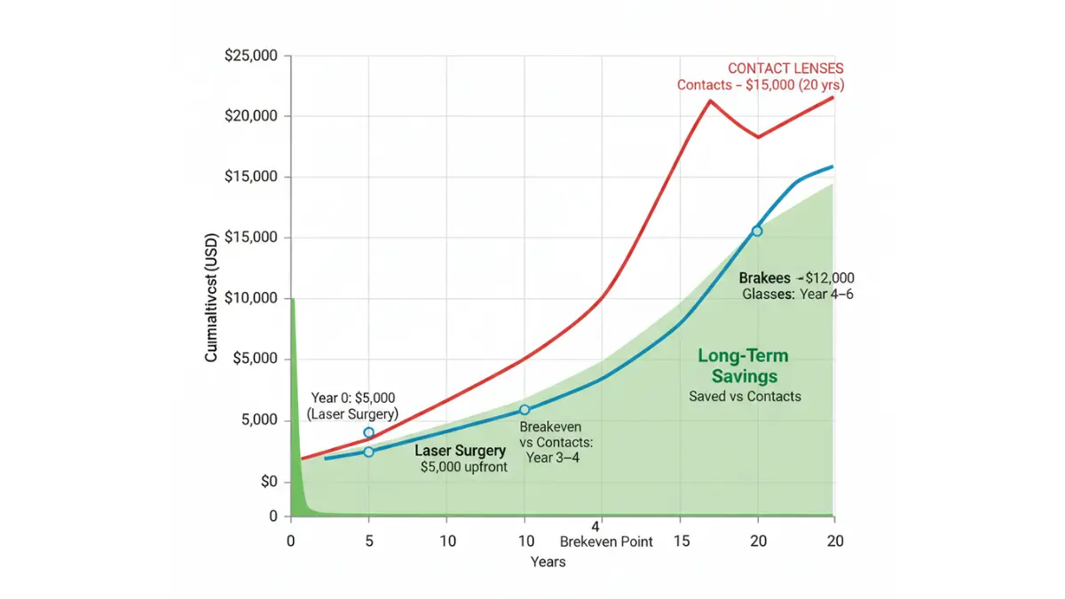Eye Laser 20 year cost comparison graph versus contact lenses and glasses showing breakeven savings