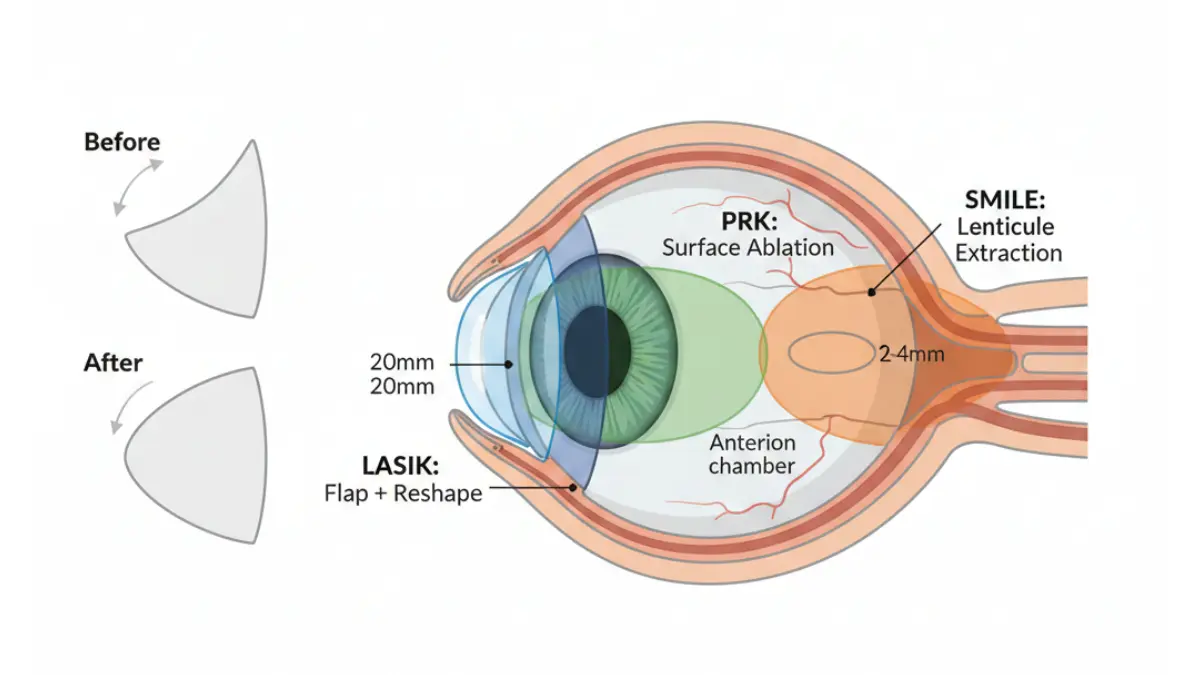 Eye Laser anatomy diagram showing corneal cross section with LASIK PRK and SMILE laser correction zones highlighted