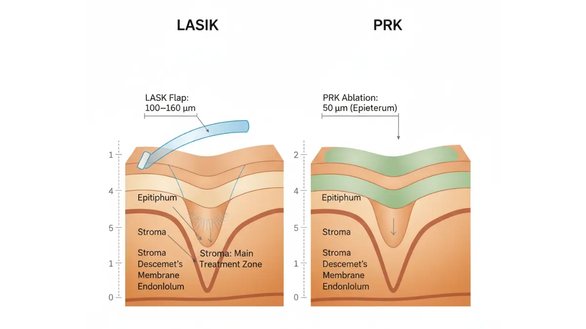 Eye Laser corneal layer anatomy comparing LASIK flap depth versus PRK surface ablation depth in microns