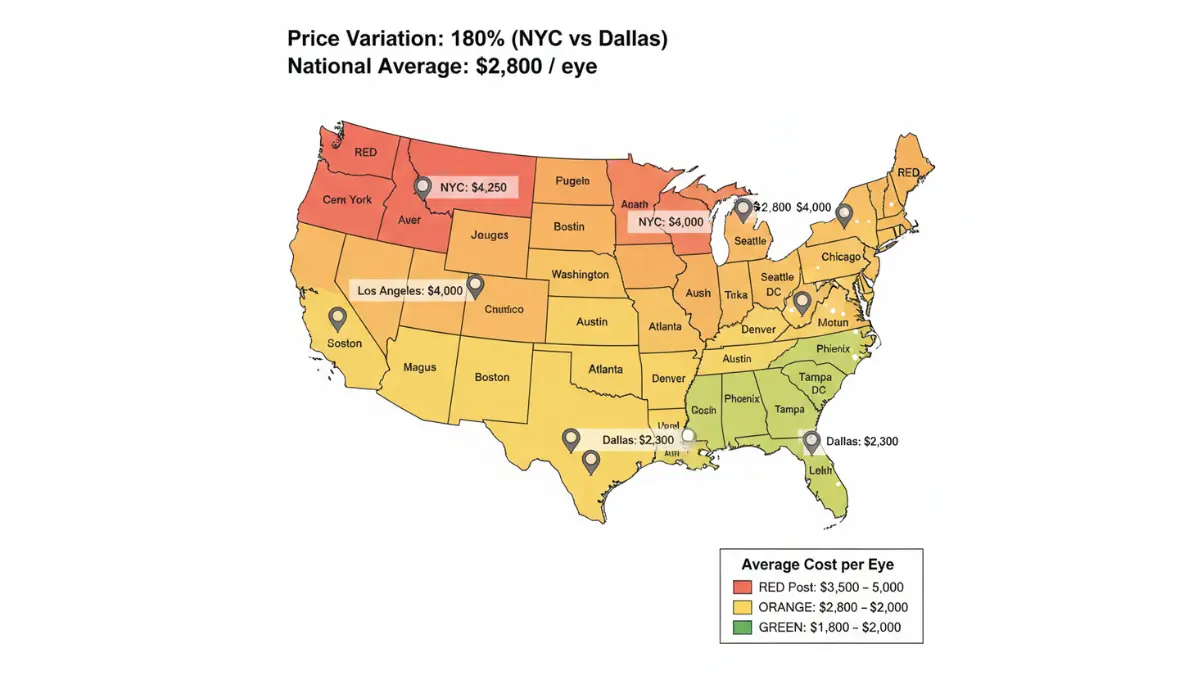 Eye Laser surgery cost heat map of the United States showing regional price variations in 2026