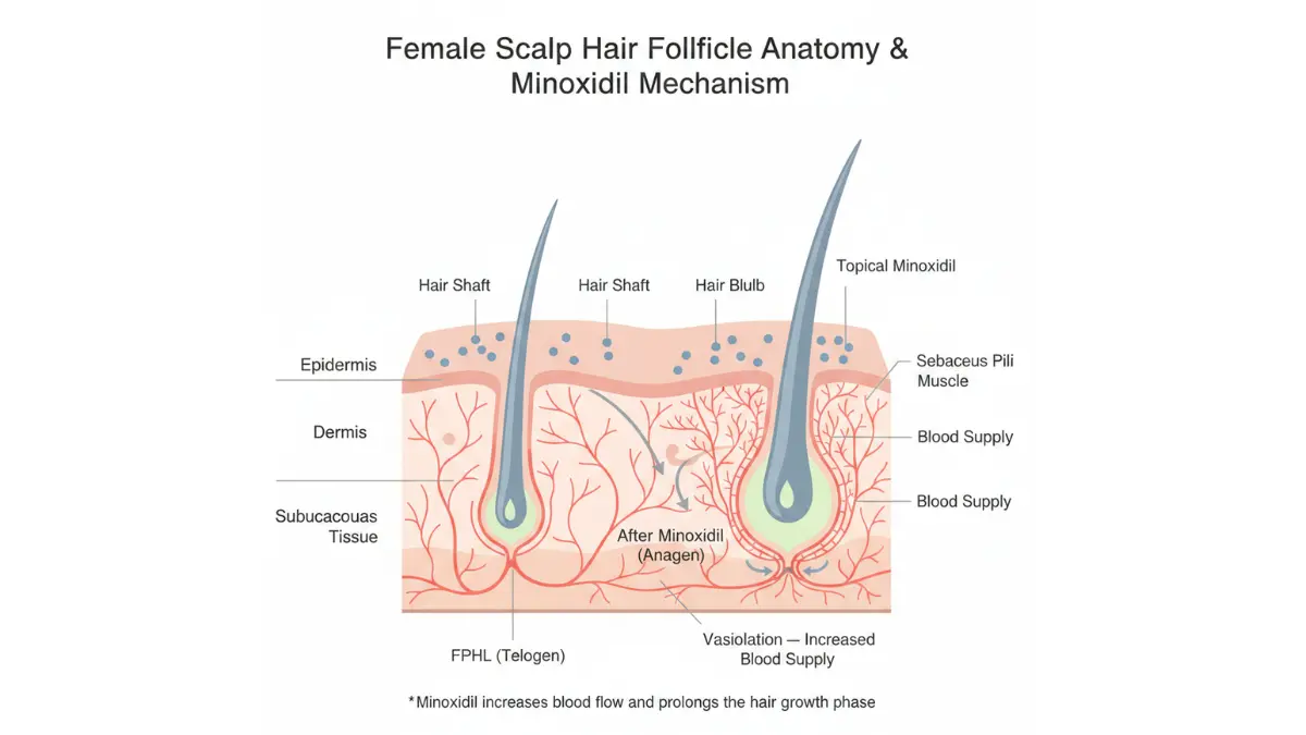 Medical anatomy diagram of female scalp hair follicle miniaturization versus regrowth after treatment showing how minoxidil for women improves blood supply and hair growth phase