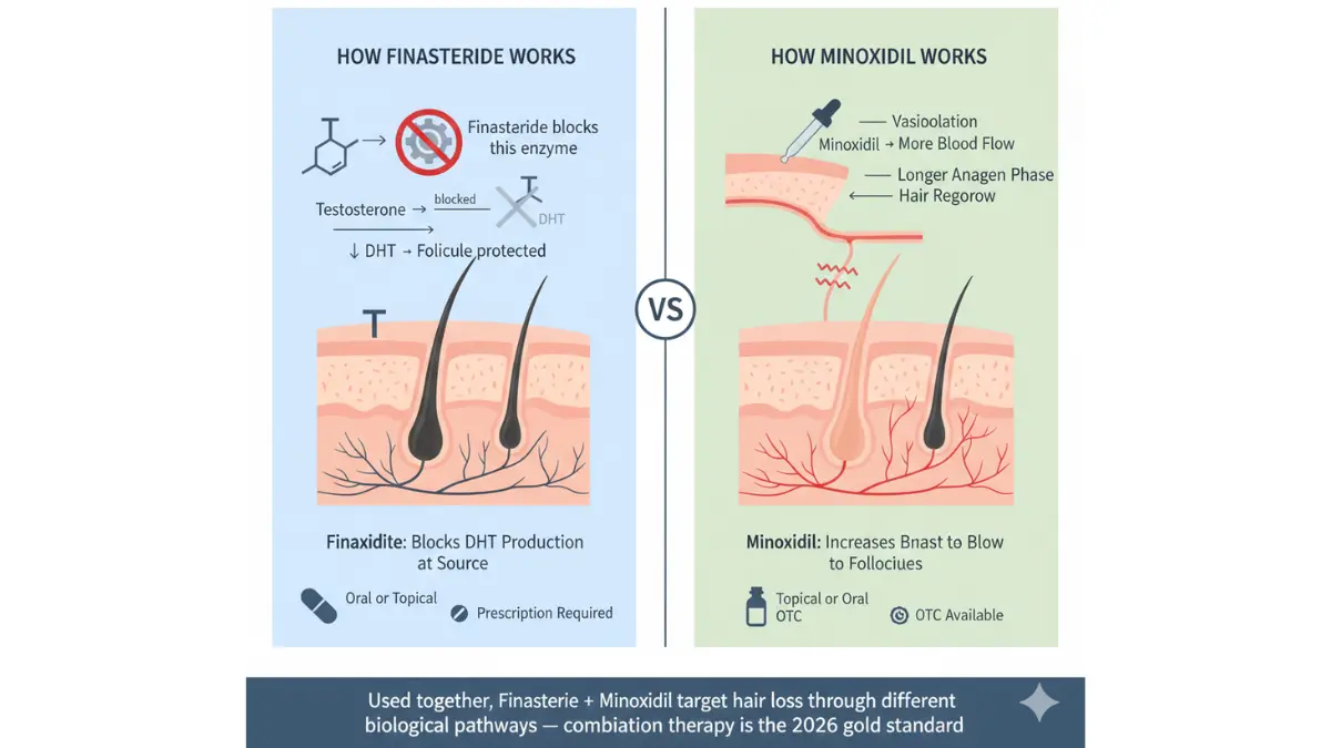 Medical mechanism diagram comparing finasteride and minoxidil treatments for Receding Hairline showing DHT blocking and increased blood flow