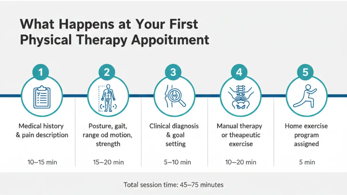 Physical Therapy session flow diagram showing intake, physical examination, diagnosis, treatment, and home exercise program steps