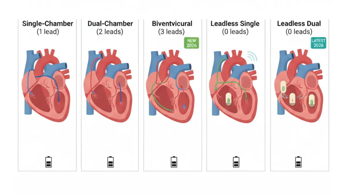 Medical diagram showing 5 types of pacemaker including single chamber dual chamber biventricular and leadless pacemaker devices anatomical heart illustration