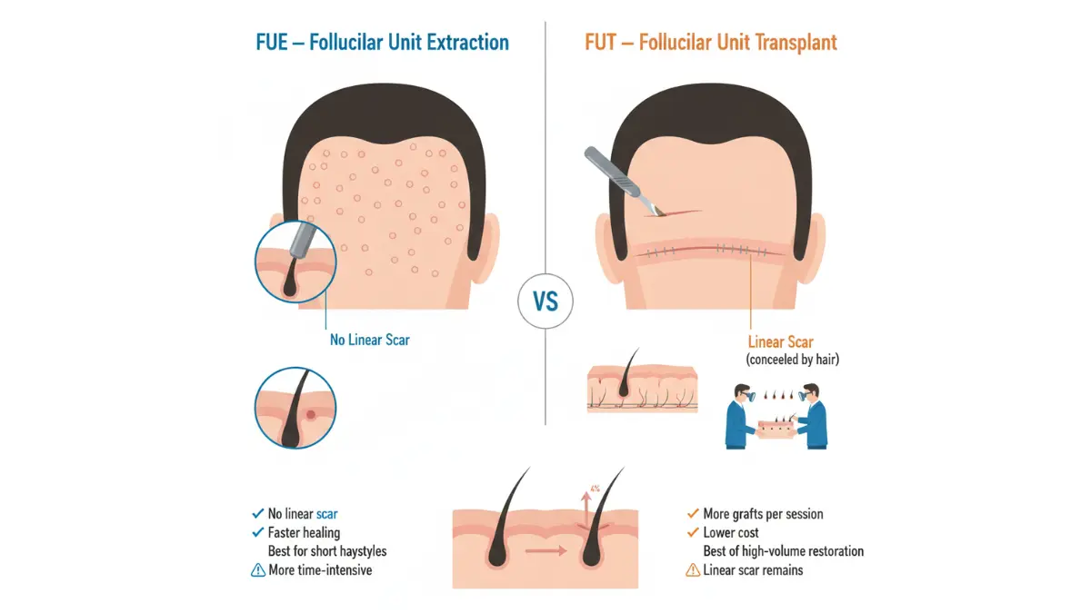 FUE vs FUT donor methods comparison diagram showing scar differences in Hair growth surgery