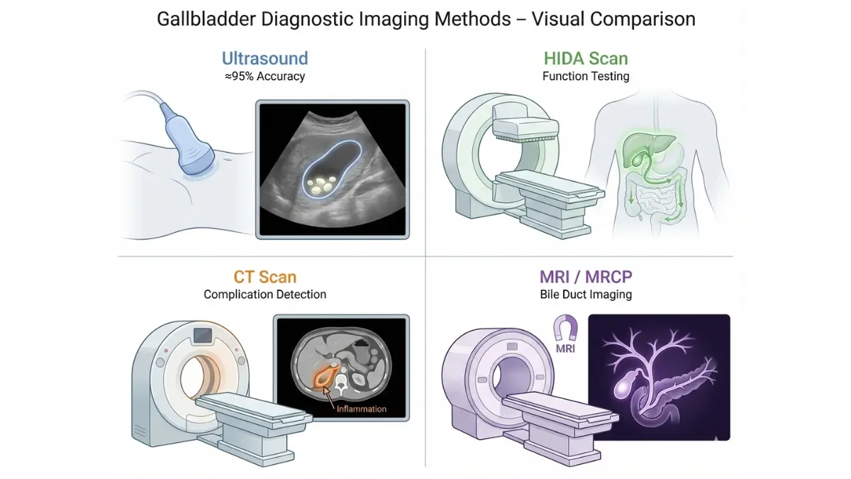 Gallbladder Pain diagnostic imaging comparison showing ultrasound, HIDA scan, CT scan, and MRCP