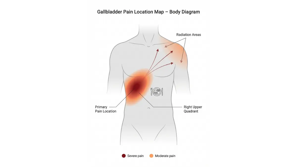 Gallbladder Pain location map highlighting right upper abdominal pain with radiation to shoulder and back