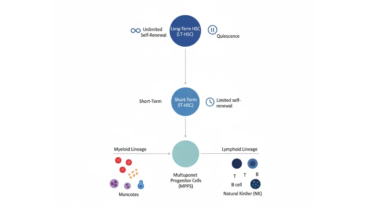 Haematopoietic stem cells hierarchy diagram showing long term short term and multipotent progenitor cells
