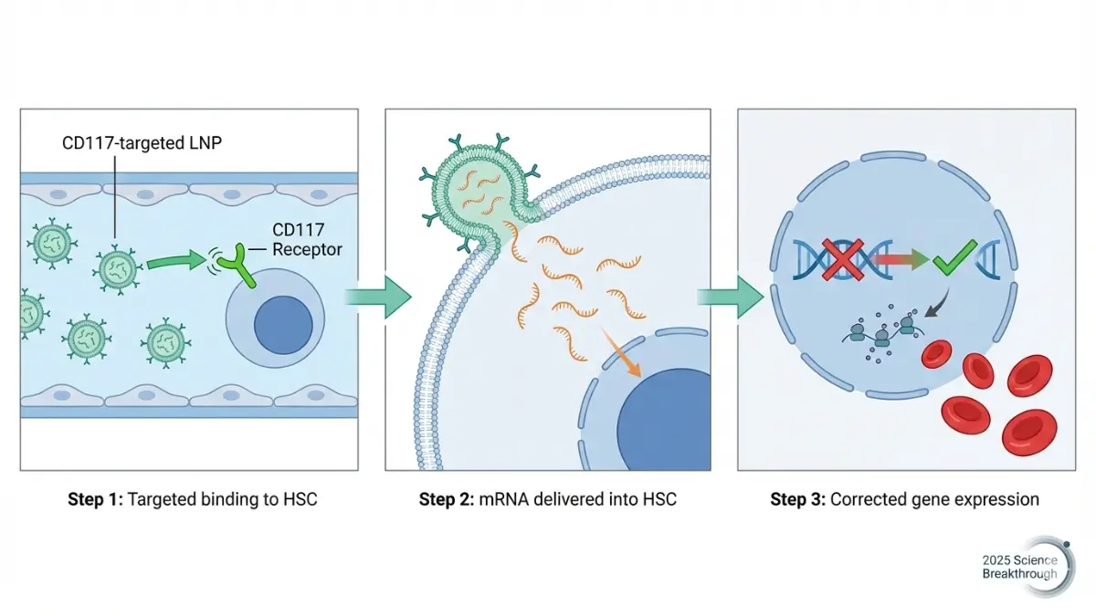 Haematopoietic stem cells gene therapy diagram showing targeted mRNA delivery and correction