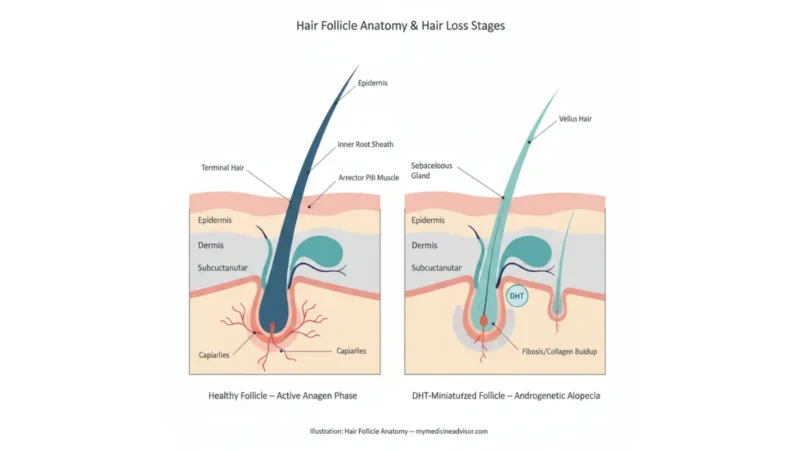 Medical anatomy diagram of healthy vs DHT-miniaturized hair follicle showing mechanism behind hair loss treatments for androgenetic alopecia