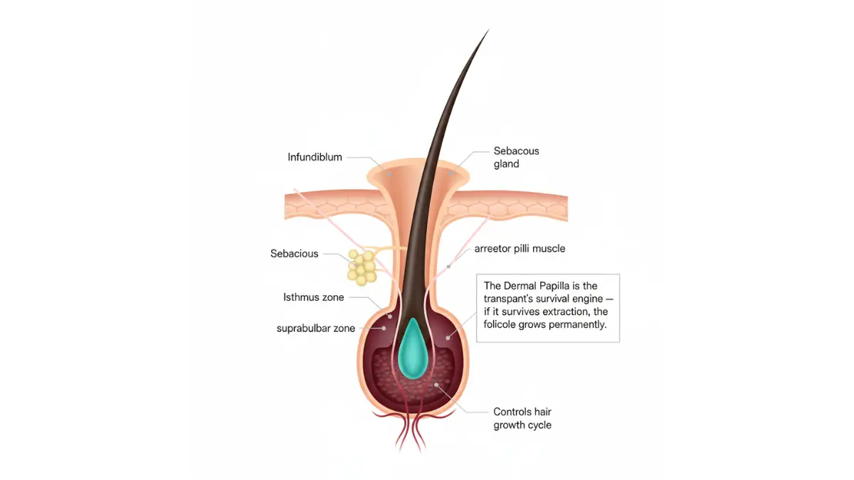 Human hair follicle anatomy showing dermal papilla and bulb structure used in Hair growth surgery transplants