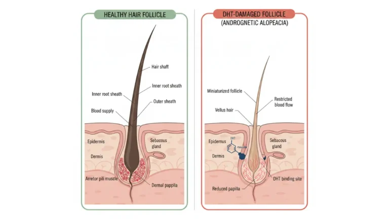 Hair Loss Therapy diagram showing healthy vs DHT-damaged hair follicle miniaturization cross-section